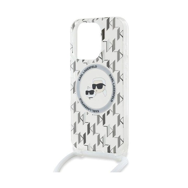 Karl Lagerfeld IML Crossbody Monogram Karl & Choupette Head MagSafe dėklas iPhone 15 Pro modeliui - skaidrus