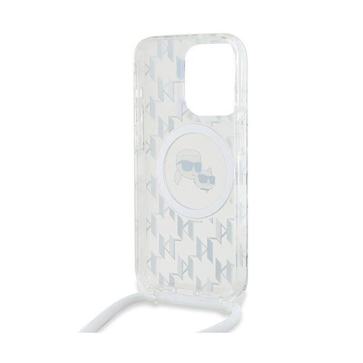 Karl Lagerfeld IML Crossbody Monogram Karl & Choupette Head MagSafe dėklas iPhone 15 Pro modeliui - skaidrus