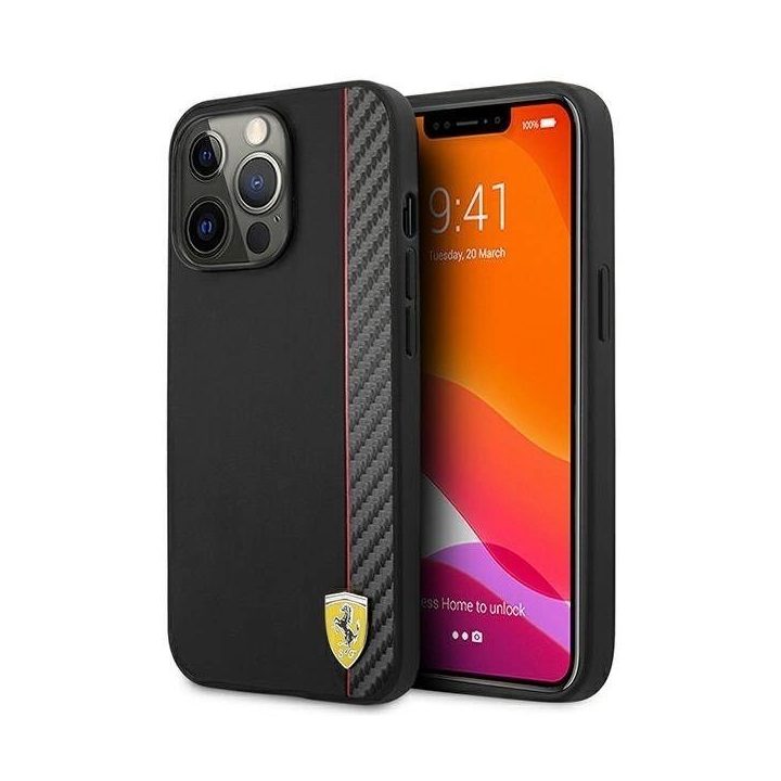 Ferrari iPhone 13 Pro Max“ 6,7 juodas / juodas kieto korpuso On Track Carbon Stripe“