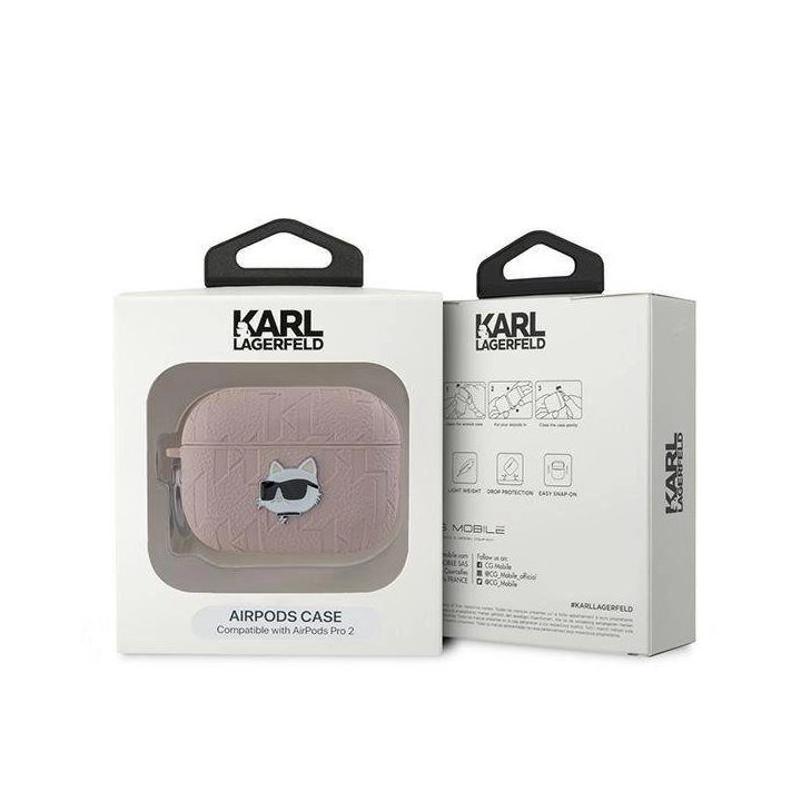 Karl Lagerfeld Monogram Choupette dėklas AirPods Pro 2 ausinėms – rausvos spalvos