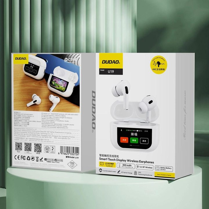 Bluetooth 5.3 ausines su LED ekranu – baltos