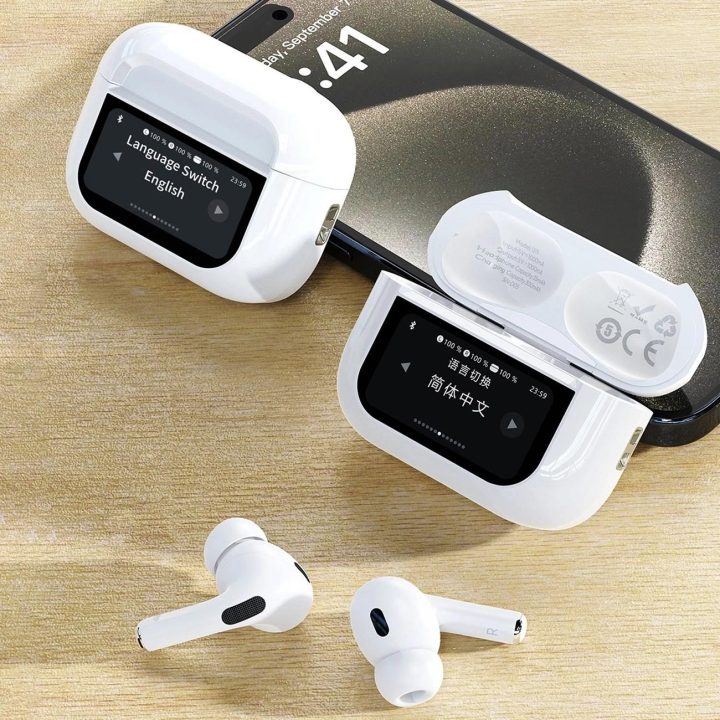Bluetooth 5.3 ausines su LED ekranu – baltos