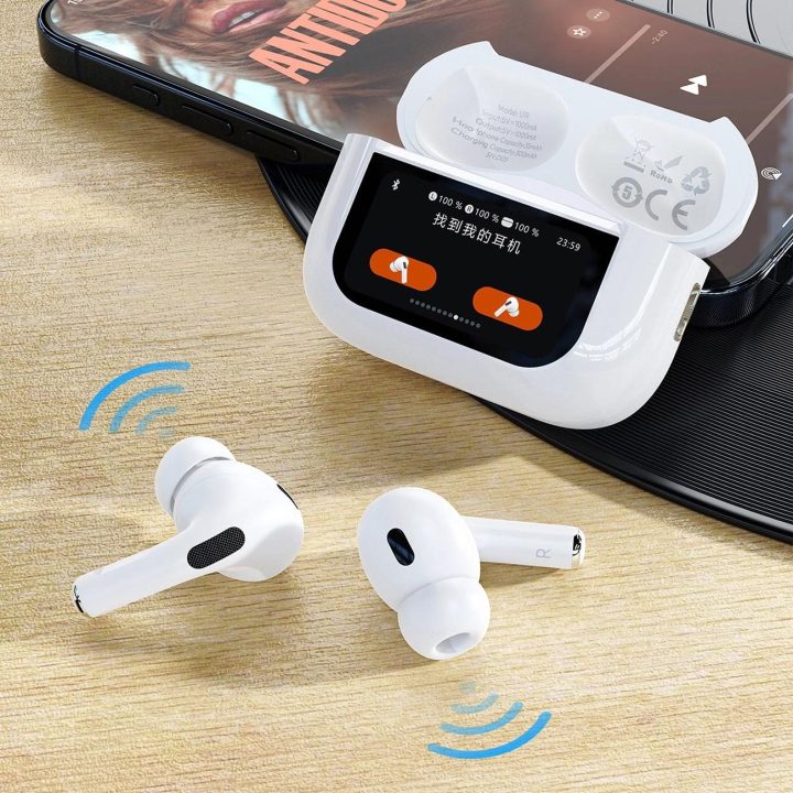 Bluetooth 5.3 ausines su LED ekranu – baltos