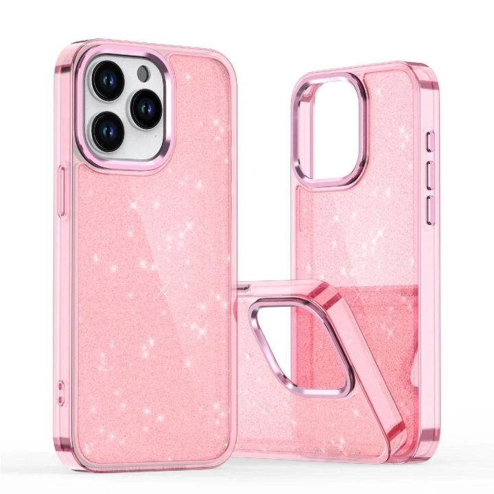 Blizgantis dėklas iPhone 16 - rausvas su blizgučiais