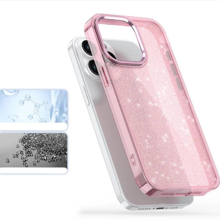 Blizgus dėklas iPhone 16 Pro - rausvos spalvos su blizgučiais