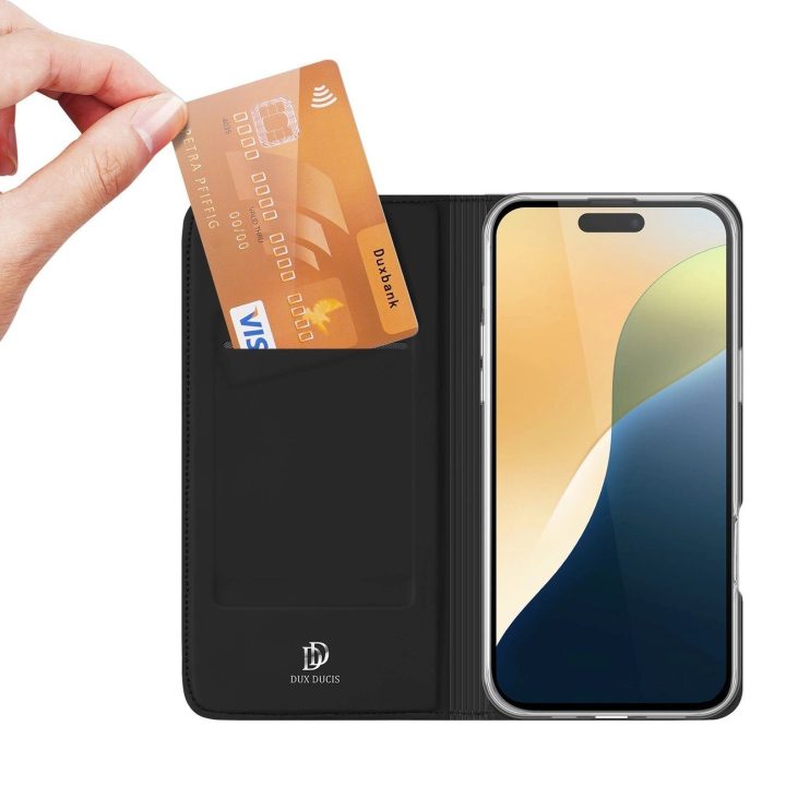 dėklas skirtas iPhone 16 Plus“ su atvartu ir kortelių skyreliu - juodas