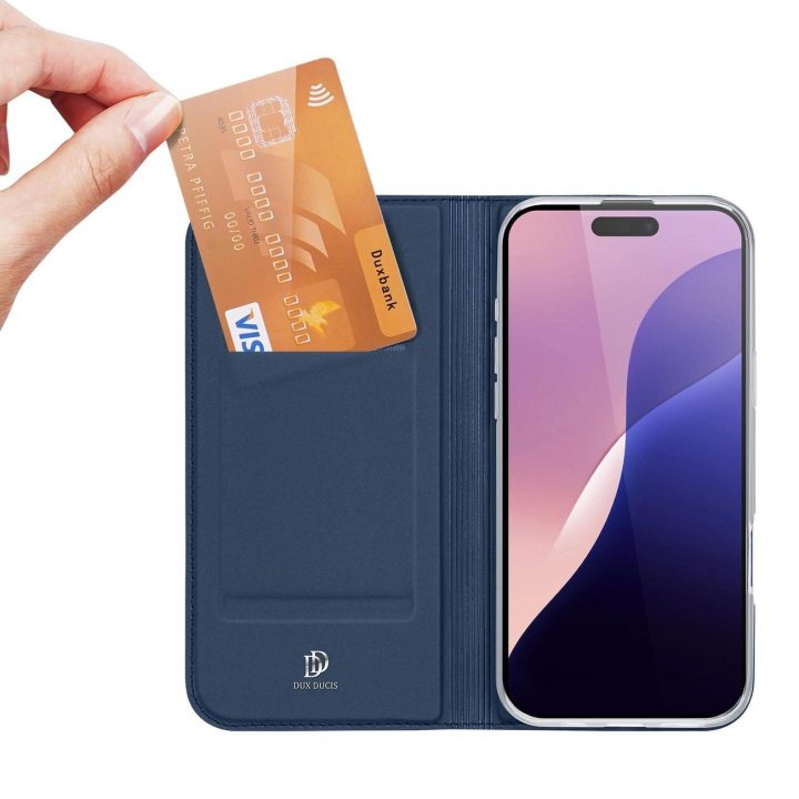 dėklas iPhone 16 Pro Max“ su atverčiamu dangteliu ir kortelių lizdu – mėlynas