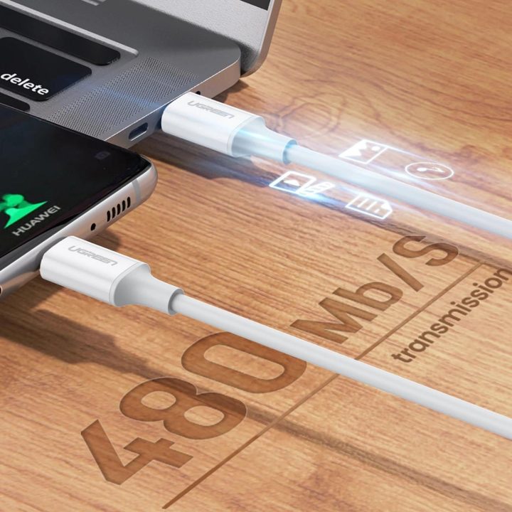 USB C PD QC AFC kabelis 1 m - baltas