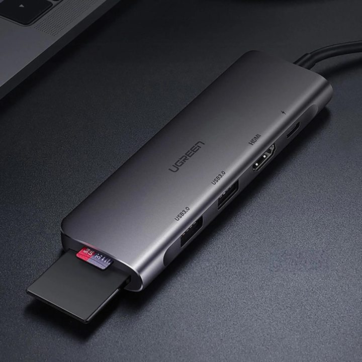 6 viename adapteris USB C PD / SD / TF skaitytuvas - pilkas
