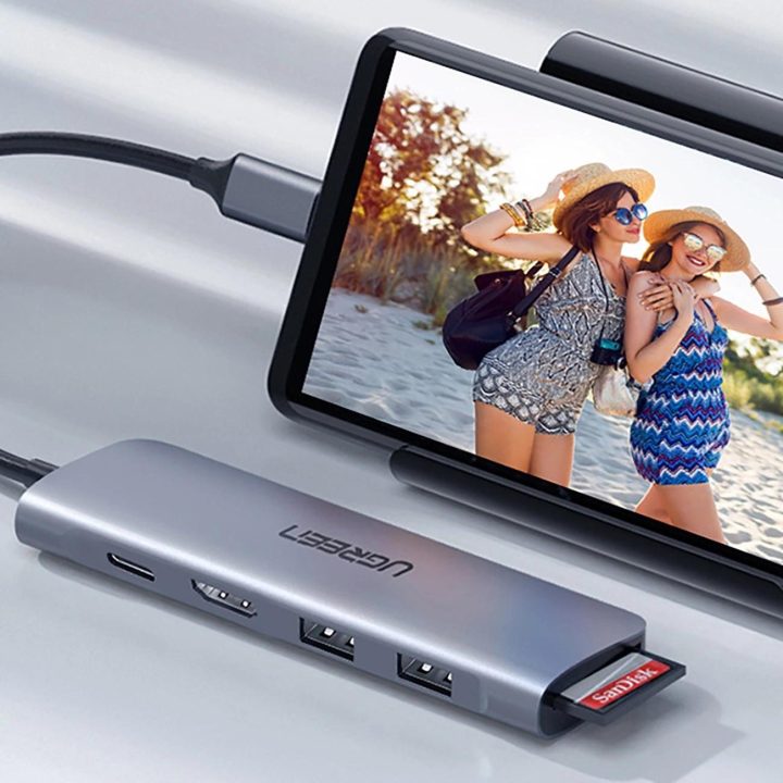 6 viename adapteris USB C PD / SD / TF skaitytuvas - pilkas