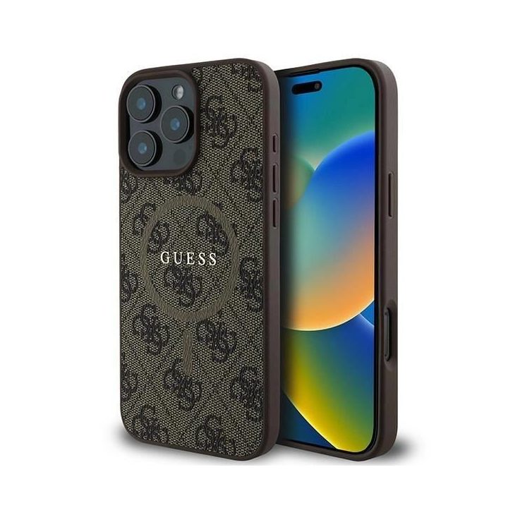 Guess 4G Ring Classic logo MagSafe iPhone 16 Pro dėklas – rudos spalvos