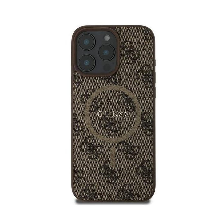Guess 4G Ring Classic logo MagSafe iPhone 16 Pro dėklas – rudos spalvos