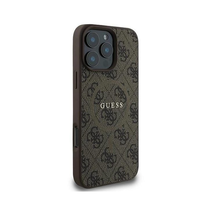 Guess 4G Ring Classic logo MagSafe iPhone 16 Pro dėklas – rudos spalvos