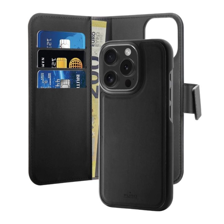 ekologiškos odos dėklas su atverčiamu dangteliu ir piniginei iPhone 16 Pro“ – juodas