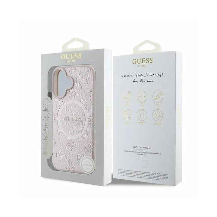 Guess Saffiano Peony Classic Logo MagSafe iPhone 16 dėklas - rausvas