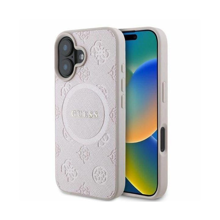 Guess Saffiano Peony Classic Logo MagSafe iPhone 16 dėklas - rausvas
