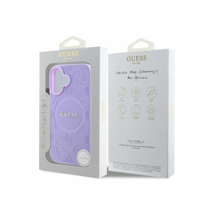 Guess Saffiano Peony Classic Logo MagSafe“ telefono dėklas iPhone 16 – violetinė