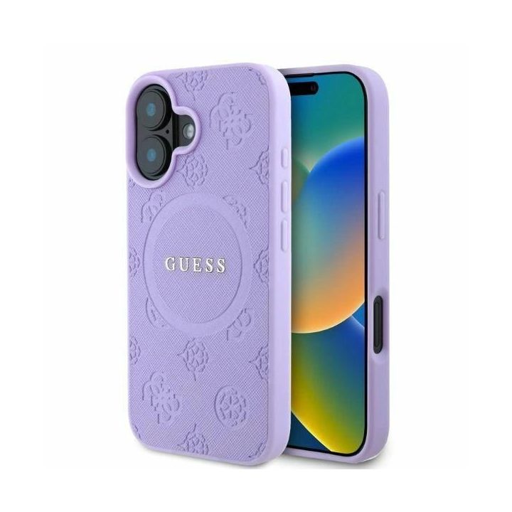 Guess Saffiano Peony Classic Logo MagSafe“ telefono dėklas iPhone 16 – violetinė