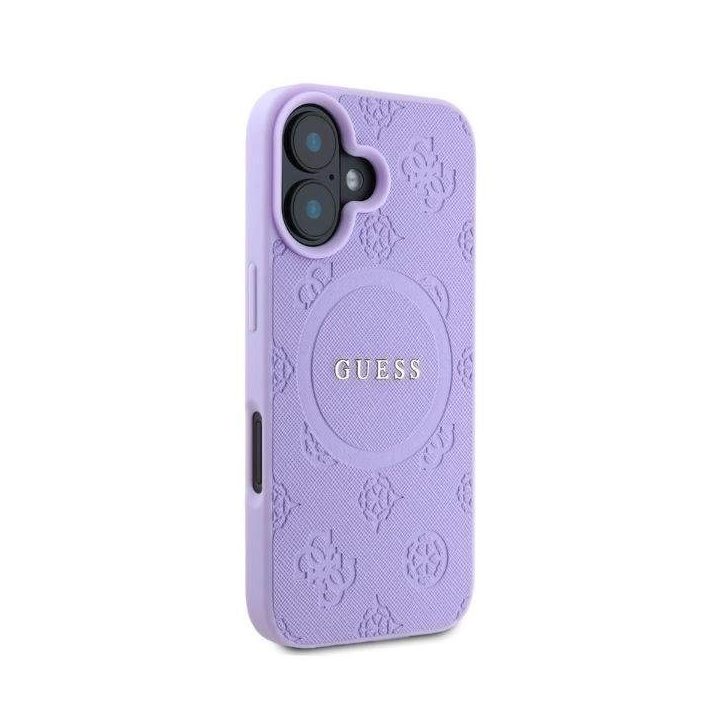 Guess Saffiano Peony Classic Logo MagSafe“ telefono dėklas iPhone 16 – violetinė
