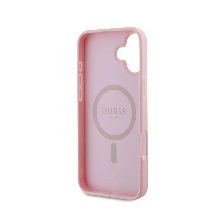 Guess Grained Gold Ring MagSafe iPhone 16 Plus dėklas - rožinis
