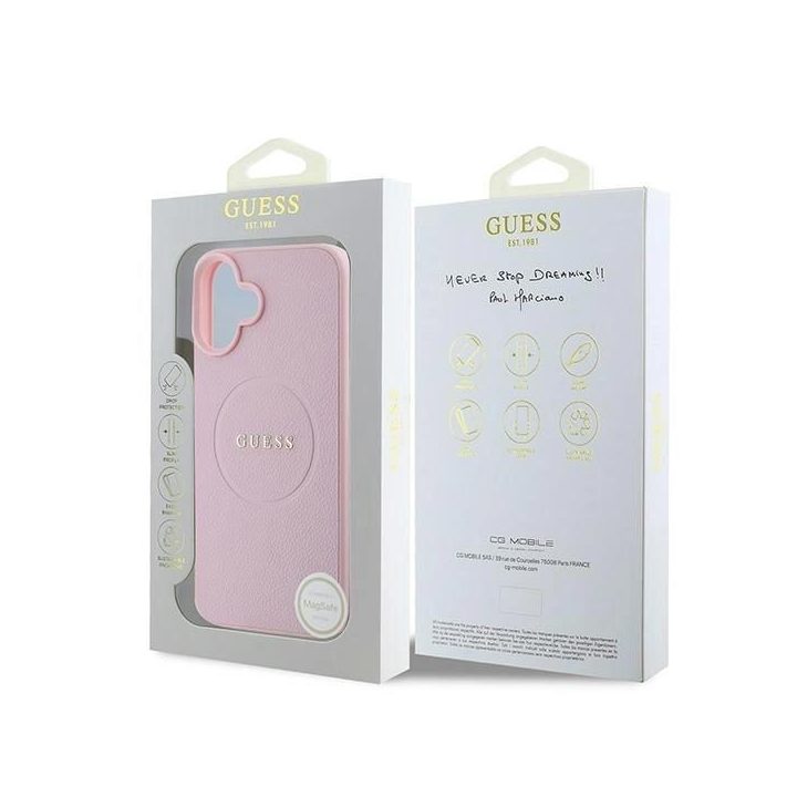 Guess Grained Gold Ring MagSafe iPhone 16 Plus dėklas - rožinis