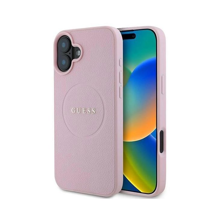 Guess Grained Gold Ring MagSafe iPhone 16 Plus dėklas - rožinis