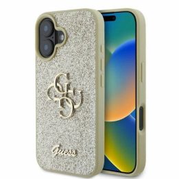 Guess Fixed Glitter Big“ 4G iPhone 16“ dėklas – auksinis