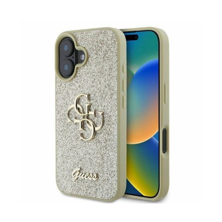 Guess Fixed Glitter Big“ 4G iPhone 16“ dėklas – auksinis