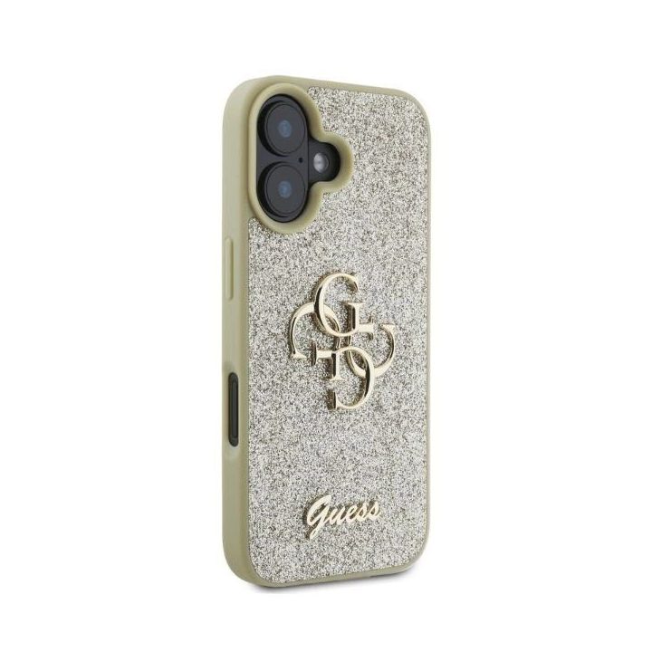 Guess Fixed Glitter Big“ 4G iPhone 16“ dėklas – auksinis