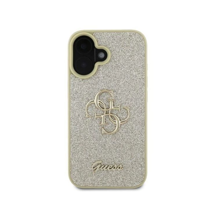 Guess Fixed Glitter Big“ 4G iPhone 16“ dėklas – auksinis