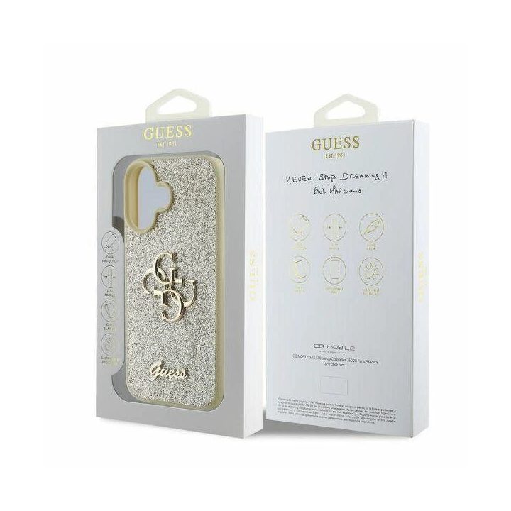 Guess Fixed Glitter Big“ 4G iPhone 16“ dėklas – auksinis