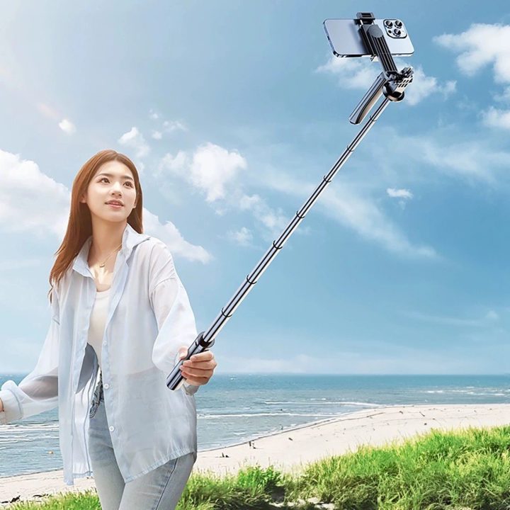 Selfie lazda WH181-Y1S 1,75 m aliuminio lydinio teleskopinis trikojis su telefono laikikliu - juodas