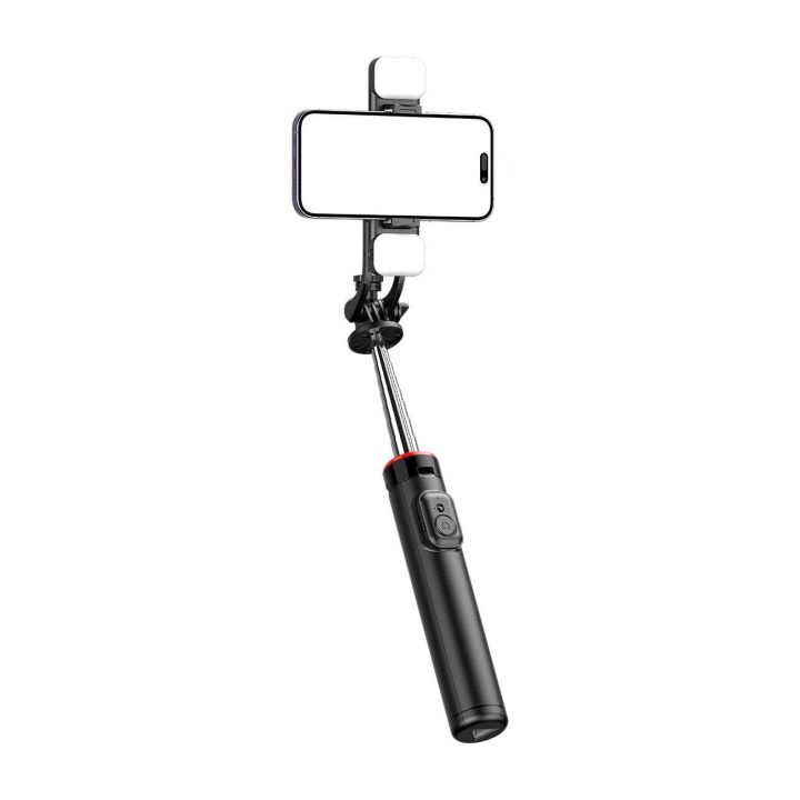 Selfie stick 1,3 m su dviguba lempa ir telefono laikikliu - juoda