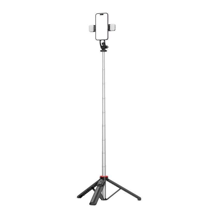 Selfie stick 1,3 m su dviguba lempa ir telefono laikikliu - juoda