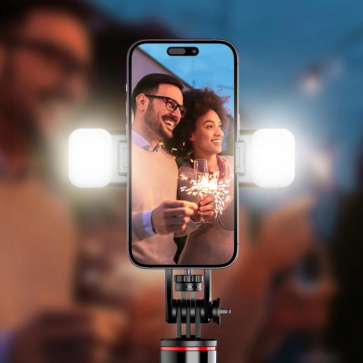 Selfie stick 1,3 m su dviguba lempa ir telefono laikikliu - juoda