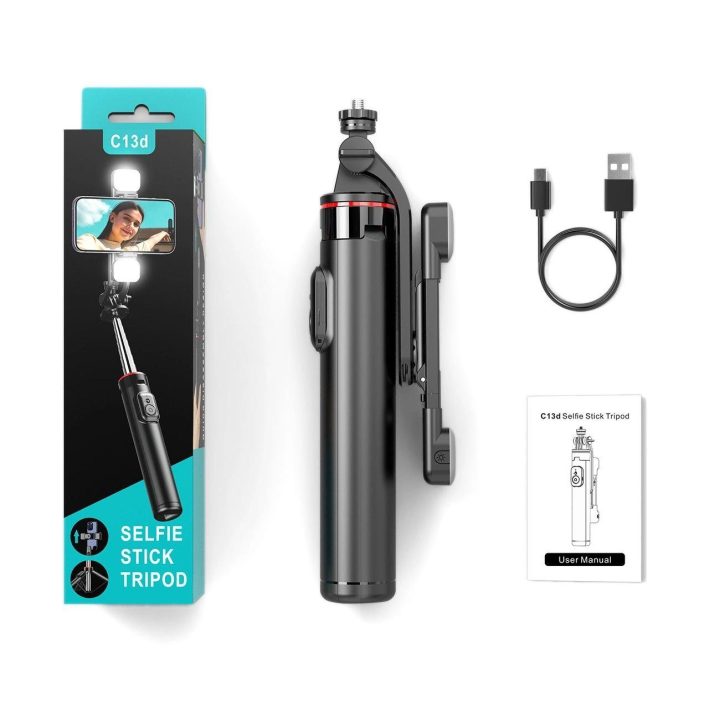 Selfie stick 1,3 m su dviguba lempa ir telefono laikikliu - juoda
