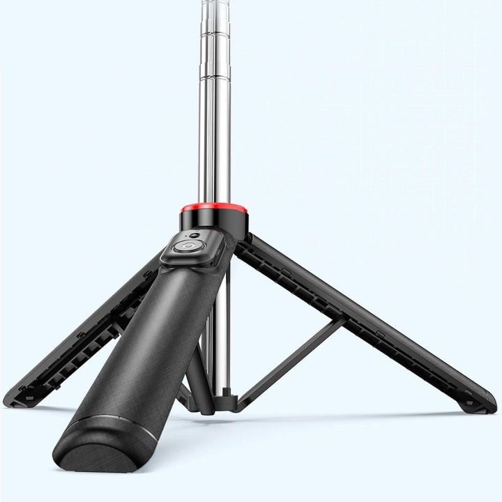 Selfie stick 1,3 m su dviguba lempa ir telefono laikikliu - juoda