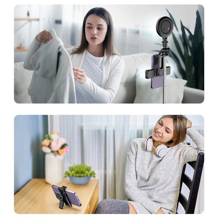 Selfie stick 1,3 m su dviguba lempa ir telefono laikikliu - juoda