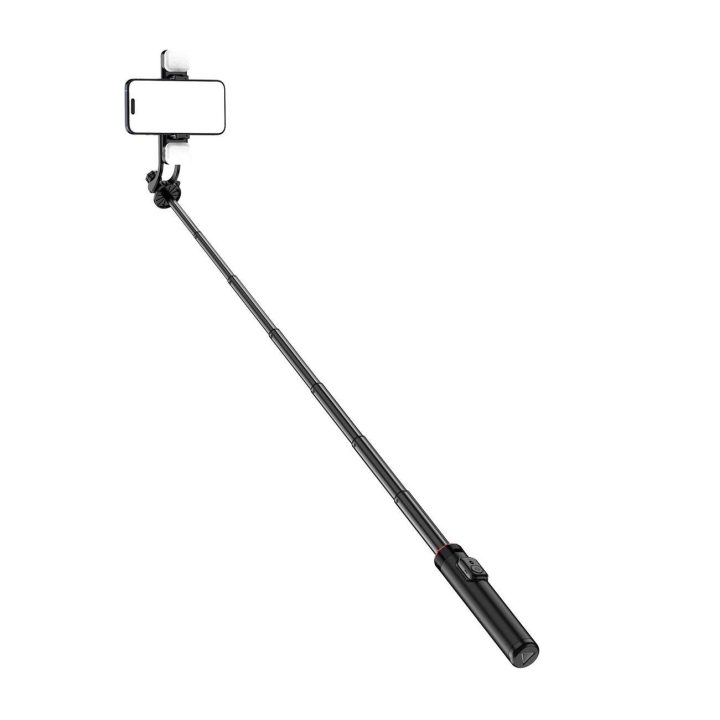 Selfie“ lazda WC12YDS, 1,3 m teleskopinis trikojis iš aliuminio lydinio su dviguba lempa ir telefono laikikliu – juoda