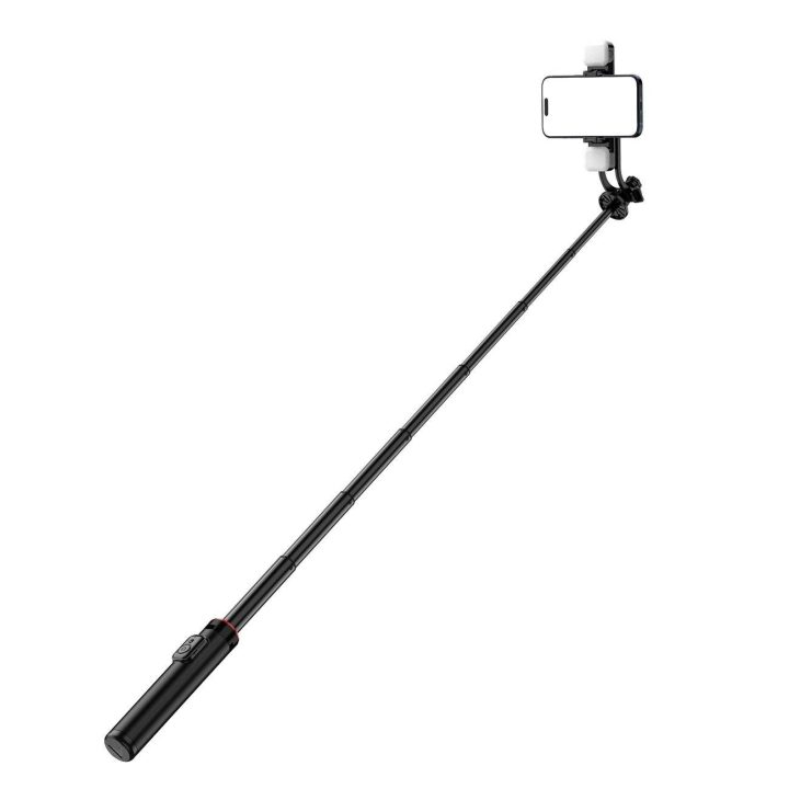 Selfie“ lazda WC12YDS, 1,3 m teleskopinis trikojis iš aliuminio lydinio su dviguba lempa ir telefono laikikliu – juoda