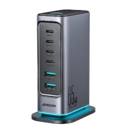 Daugiafunkcinis GaN įkroviklis 65 W ES 4x USB A – tamsiai pilkos spalvos