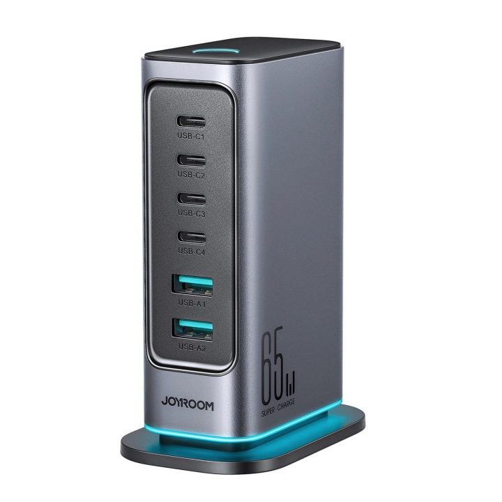 Daugiafunkcinis GaN įkroviklis 65 W ES 4x USB A – tamsiai pilkos spalvos