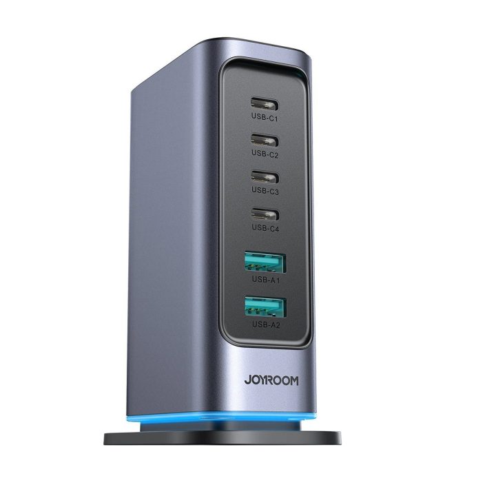 Daugiafunkcinis GaN įkroviklis 65 W ES 4x USB A – tamsiai pilkos spalvos