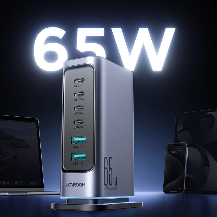 Daugiafunkcinis GaN įkroviklis 65 W ES 4x USB A – tamsiai pilkos spalvos