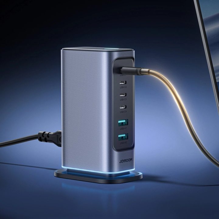 Daugiafunkcinis GaN įkroviklis 65 W ES 4x USB A – tamsiai pilkos spalvos