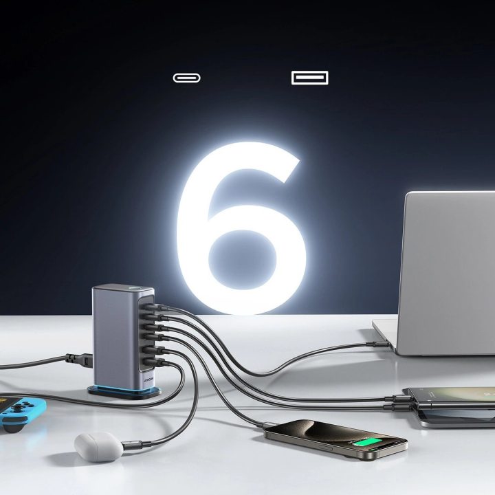 Daugiafunkcinis GaN įkroviklis 65 W ES 4x USB A – tamsiai pilkos spalvos