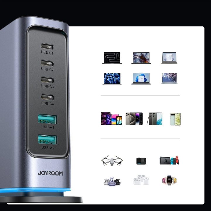 Daugiafunkcinis GaN įkroviklis 65 W ES 4x USB A – tamsiai pilkos spalvos