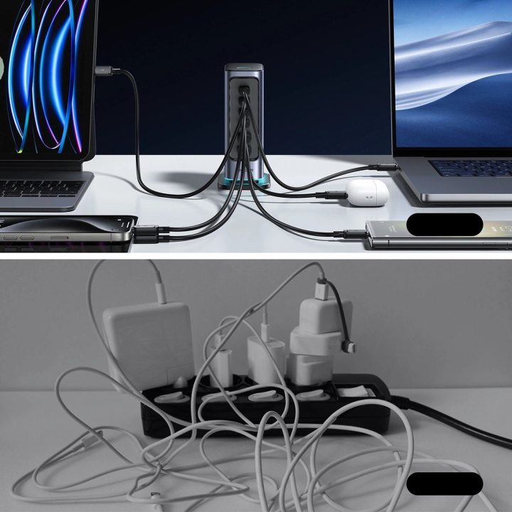 Daugiafunkcinis GaN įkroviklis 65 W ES 4x USB A – tamsiai pilkos spalvos