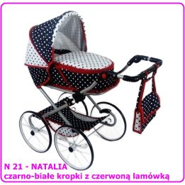 NATALIA RETRO N21 vežimėlis lėlėms, juodos ir baltos spalvos taškeliai su raudona apdaila