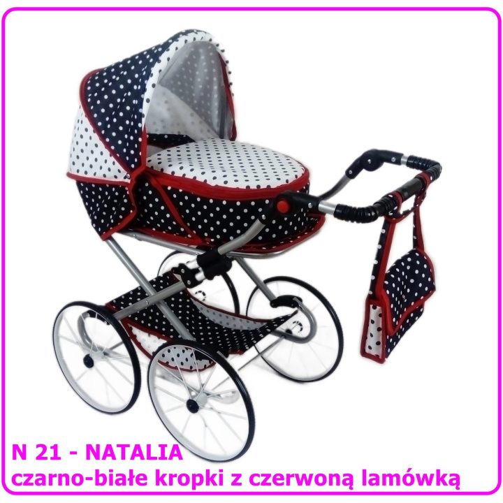 NATALIA RETRO N21 vežimėlis lėlėms, juodos ir baltos spalvos taškeliai su raudona apdaila